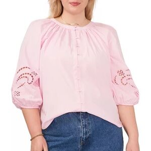 Vince Camuto Plus Size Cotton Embroidered Puff Sleeve Top, Pink Horizon 1X